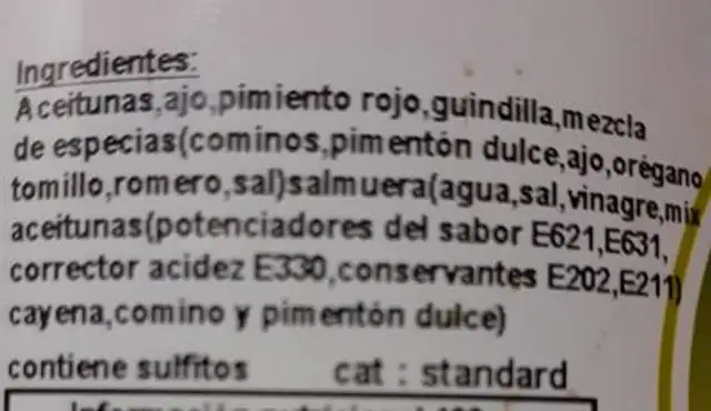 Aceitunas gordal nutrition facts table