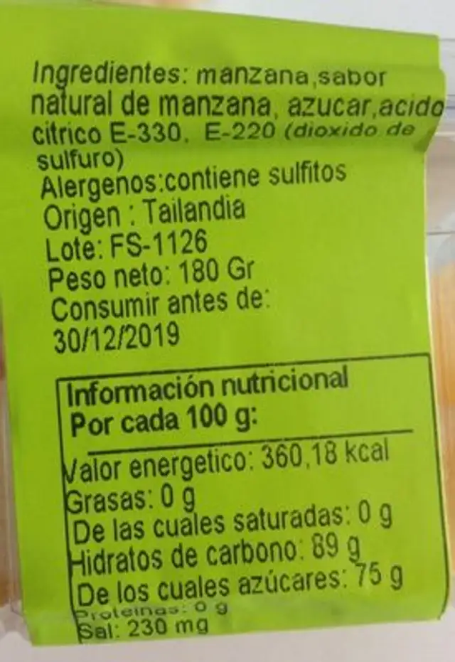 Pomme sechée ingredients label