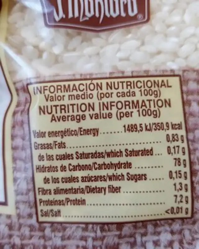 Arroz Bomba nutrition facts table