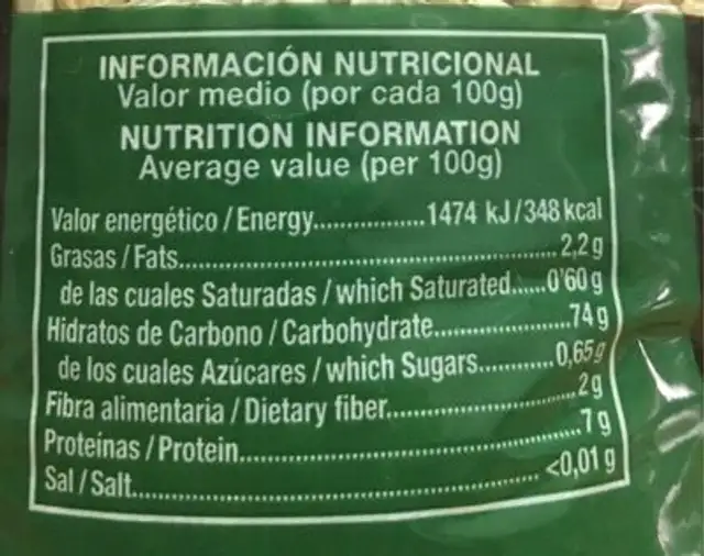 Arroz integral nutrition facts table