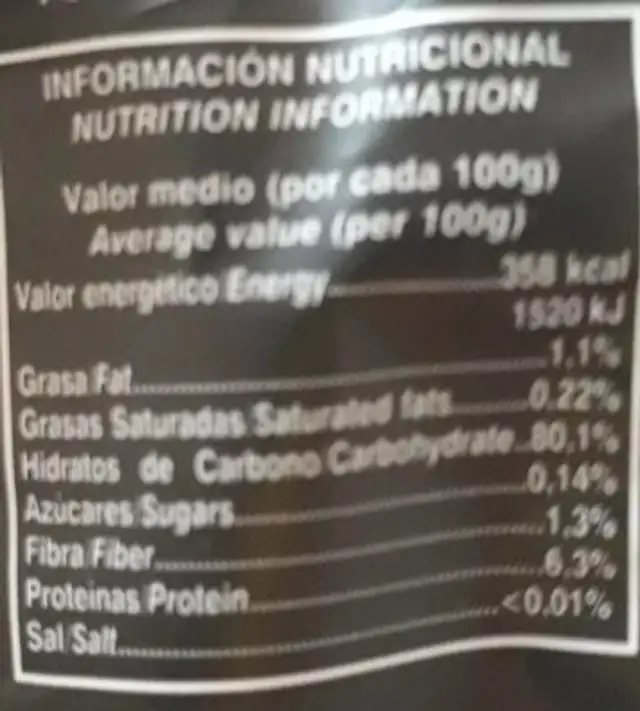 Arroz Basmati nutrition facts table