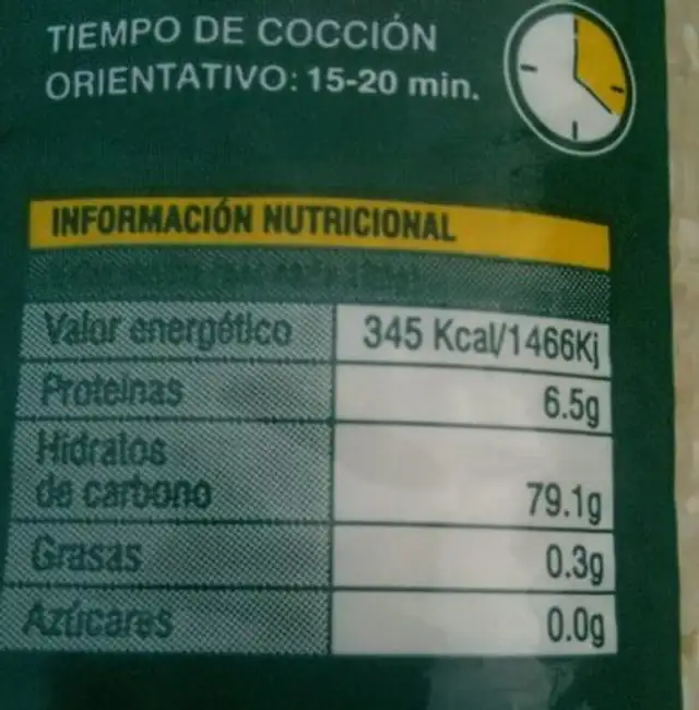 Arroz el tirol nutrition facts table