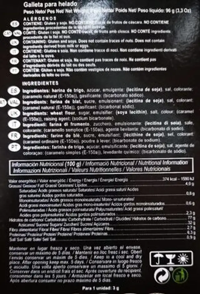 Abanicos de galleta nutrition facts table