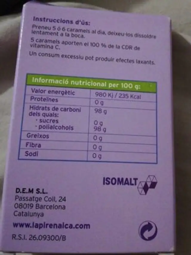 Equinacea CARAMELS SENSE SUCRE nutrition facts table