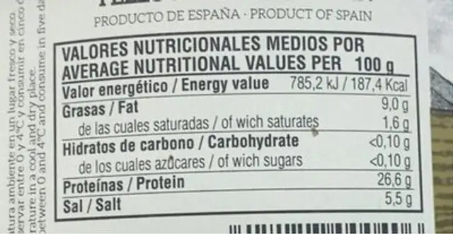 Lomo de atún de aleta amarilla nutrition facts table