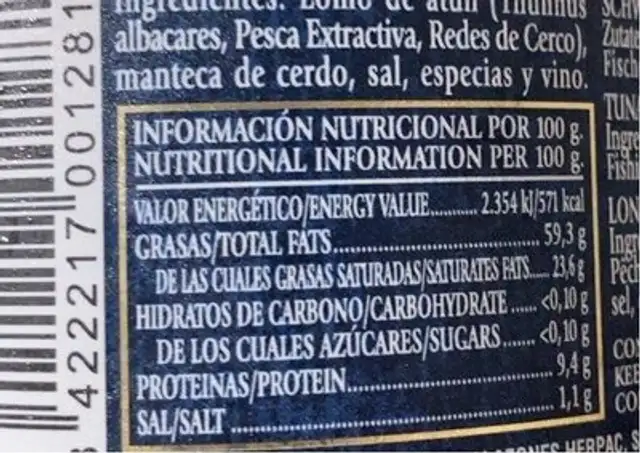 Lomo de atún en manteca ibérica nutrition facts table