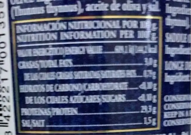 Lomo de atún rojo nutrition facts table