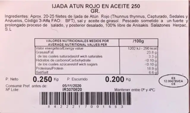 Ijada de atun rojo en aceite nutrition facts table