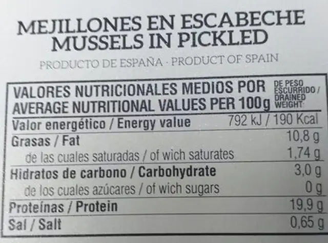 Mejillones en escabeche nutrition facts table