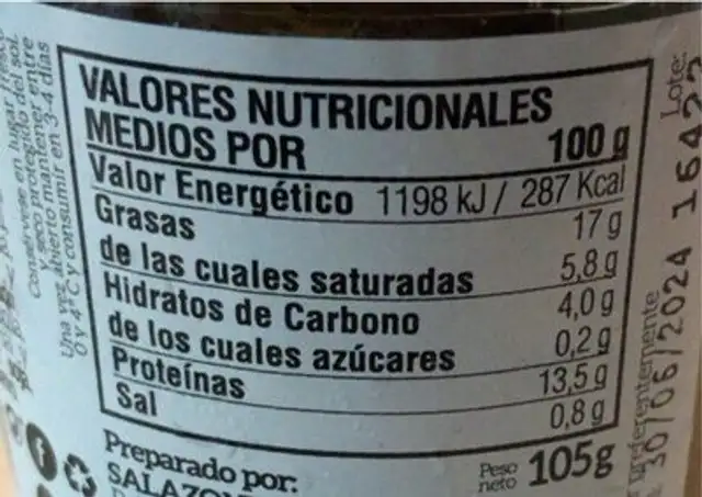 Paté de atún ahumado nutrition facts table