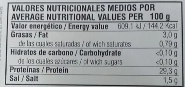 Lomo de Atún rojo nutrition facts table