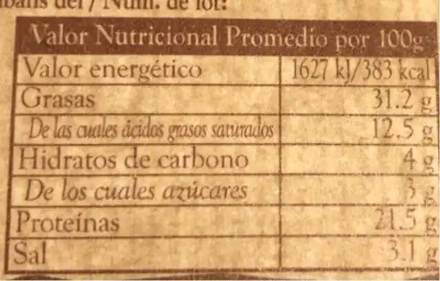 Panceta curada a la pimienta nutrition facts table
