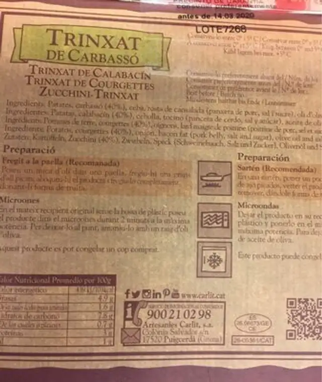 Trinxat de carbasso nutrition facts table