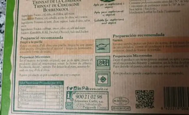 Trinxat de la Cerdanya vegà nutrition facts table