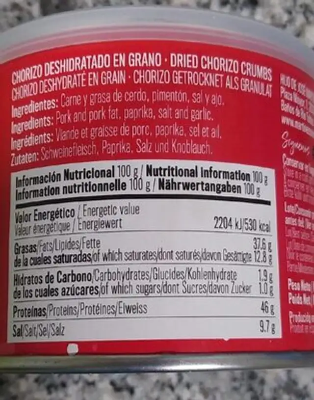 Confeti chorizo en grano nutrition facts table