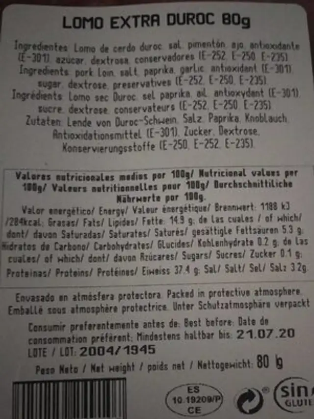 Lomo nutrition facts table