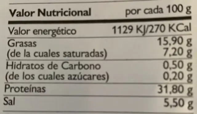 El jamon rojo nutrition facts table