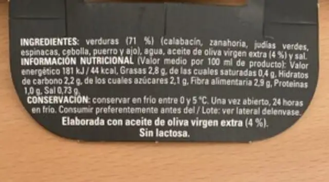 Unknown nutrition facts table