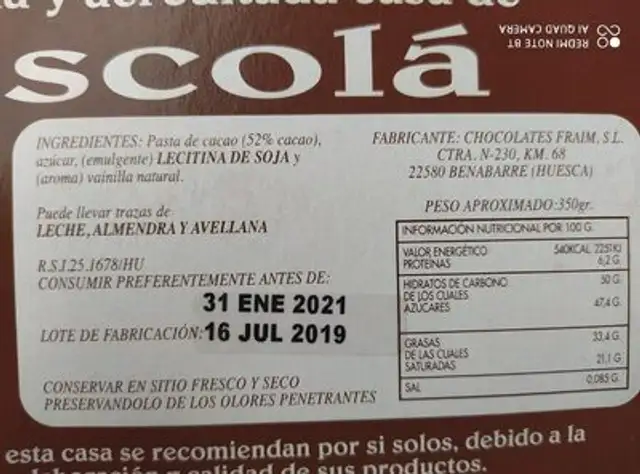 Chocolate artesano Francisco Brescó nutrition facts table