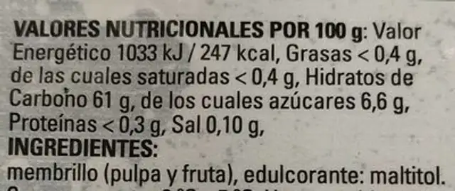 Membrillo sin azúcares añadidos nutrition facts table