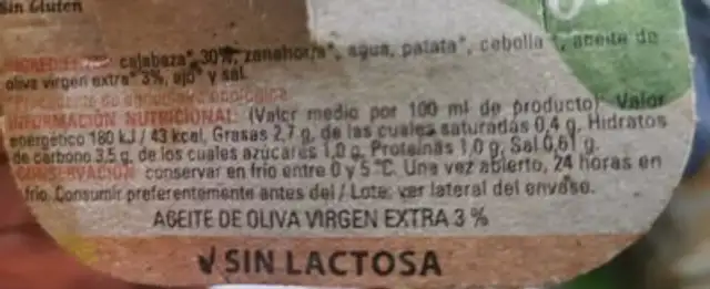 Crema de Calabaza ingredients label