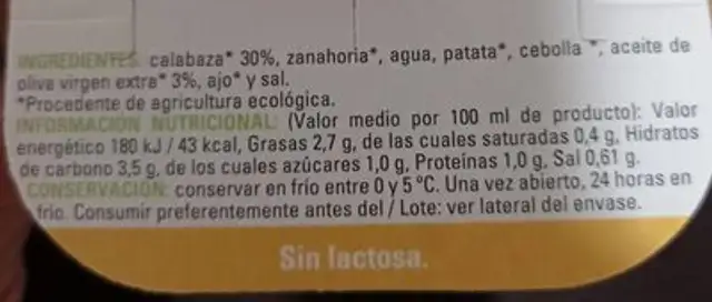 Crema de Calabaza nutrition facts table