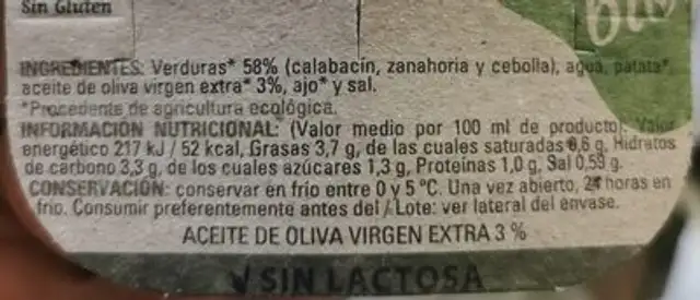 Crema de la huerta ingredients label