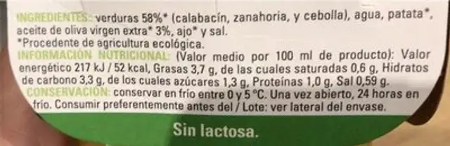Crema de la huerta nutrition facts table