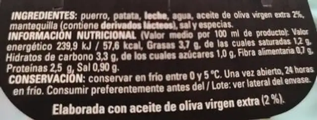Vichysoisse nutrition facts table