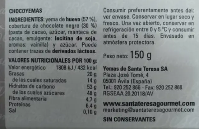 ChocoYemas nutrition facts table