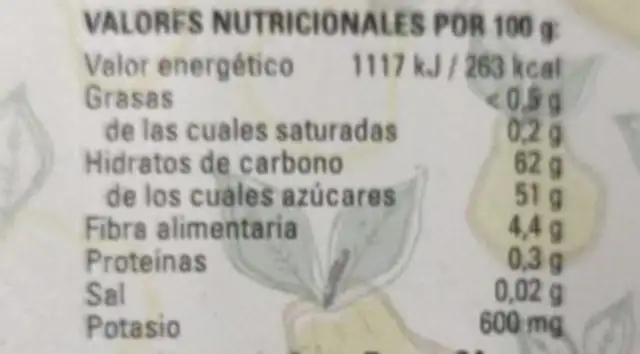 Membrillo bio Santa Teresa nutrition facts table