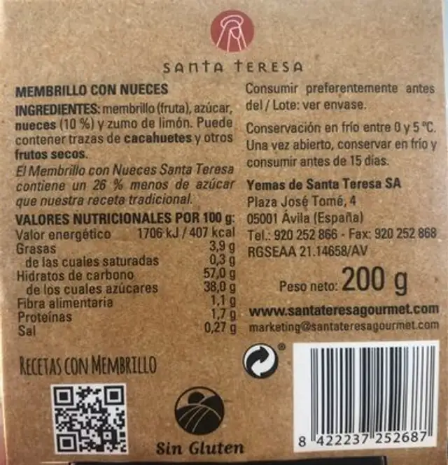 Membrillo con nueces envase 200 g nutrition facts table