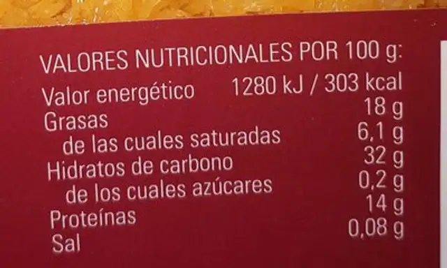 Huevo Hilado Sin Azúcar nutrition facts table