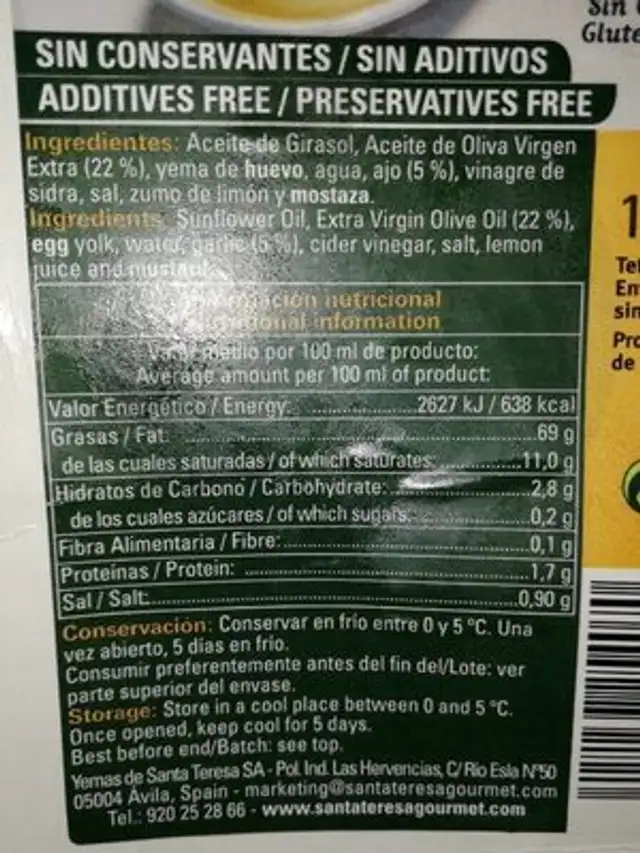 Ali oli nutrition facts table