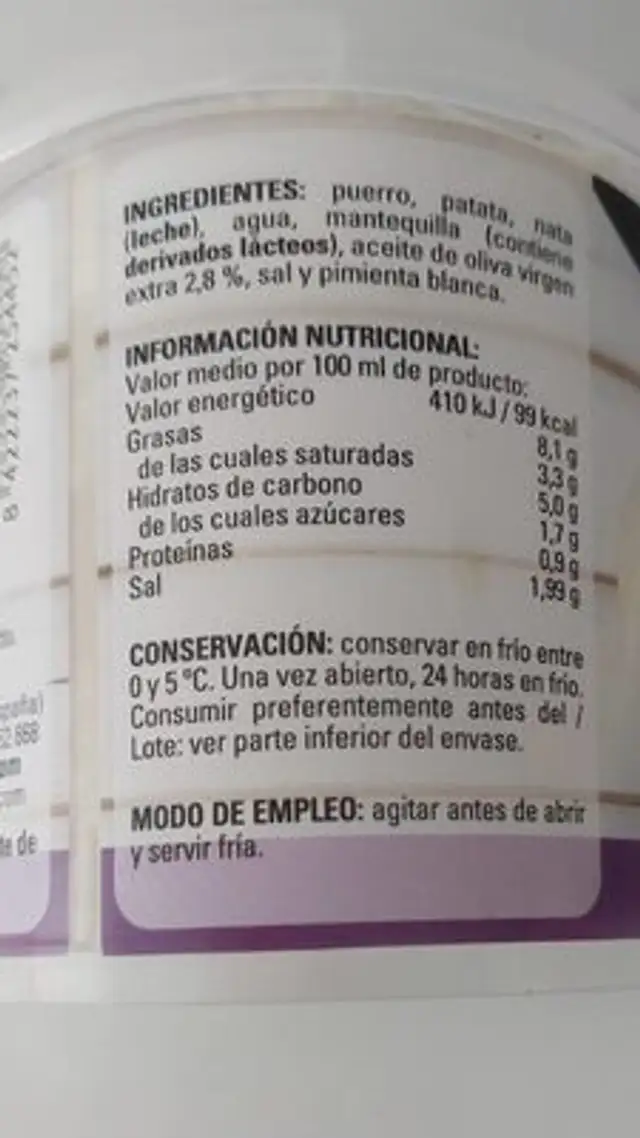 Vichyssoise nutrition facts table