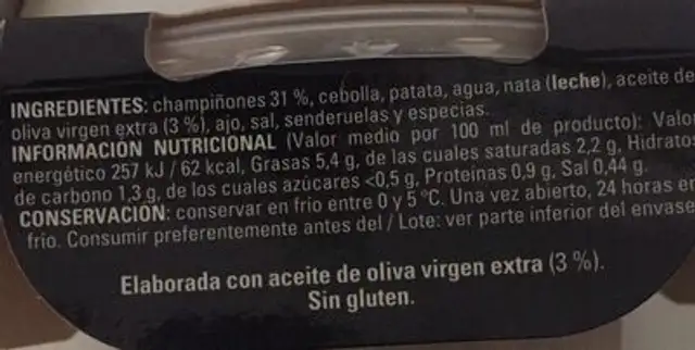 Crema de champiñones nutrition facts table