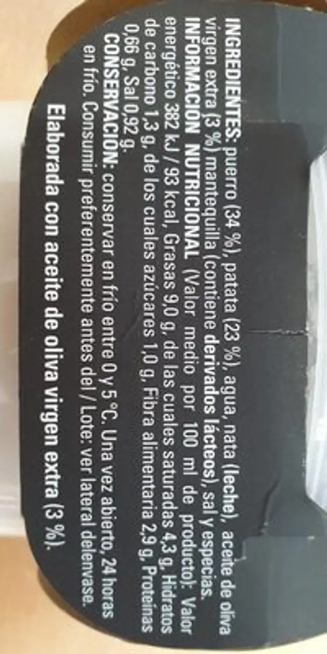 Crema de Puerro y Patata nutrition facts table