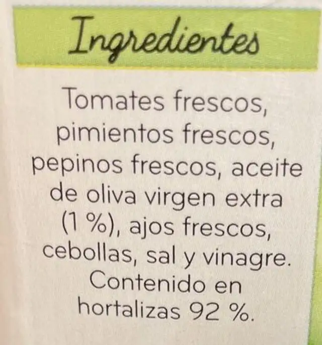 Gazpacho ingredients label