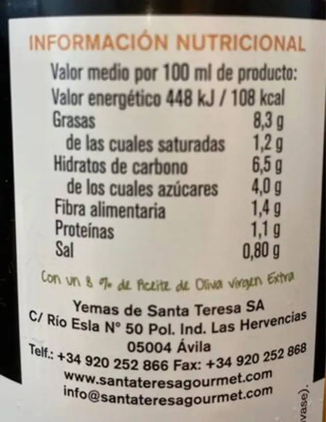 Salmorejo nutrition facts table