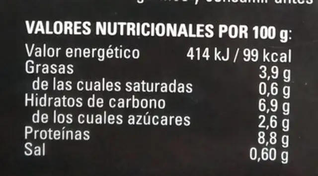 Pastel de Centollo nutrition facts table