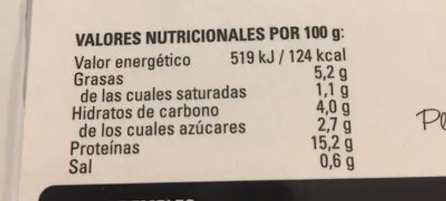 Morcillo de ternera nutrition facts table
