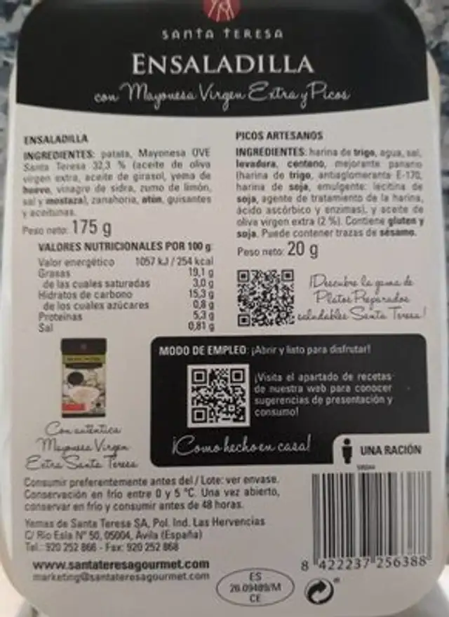 Ensaladilla rusa con mayonesa virgen extra y picos nutrition facts table