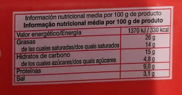 Queso barra Tierruca nutrition facts table