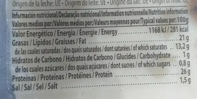 Queso Mozzarella nutrition facts table