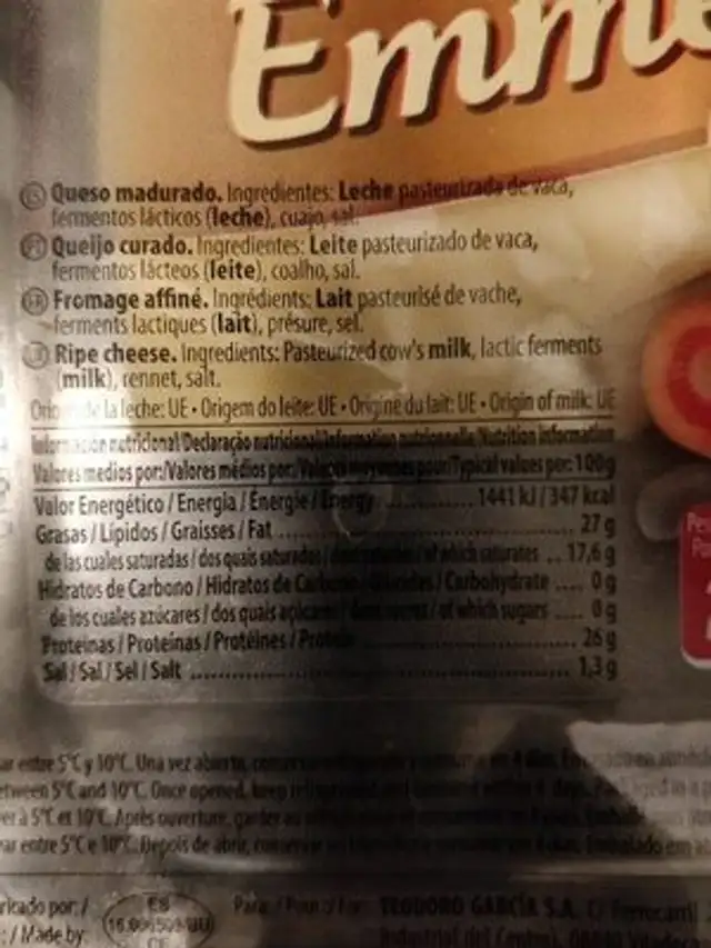 La Bocatería Emmental ingredients label
