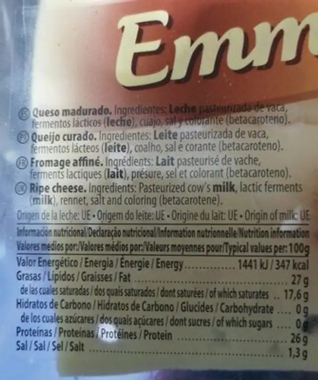 La Bocatería Emmental nutrition facts table