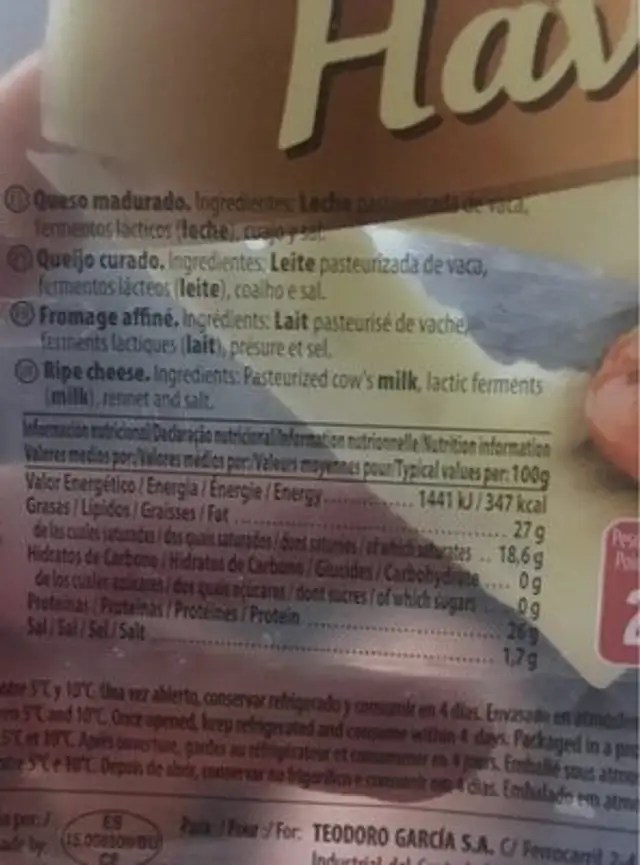 Havarti ingredients label