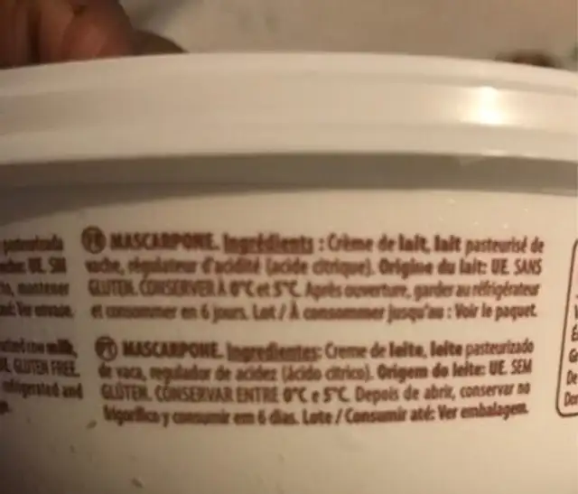 Mascarpone ingredients label