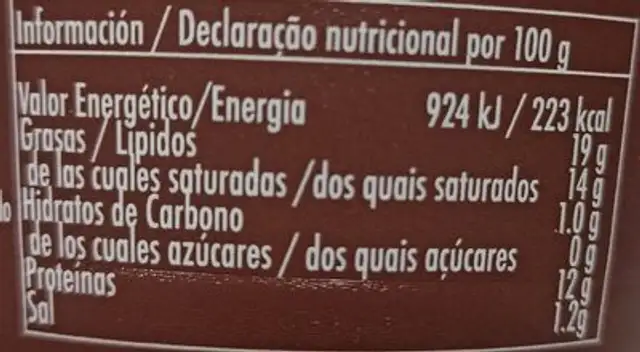 Crema de queso nutrition facts table