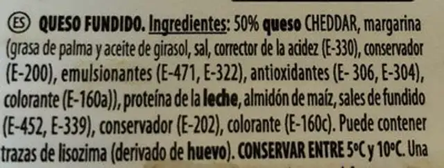 Cheddar ingredients label